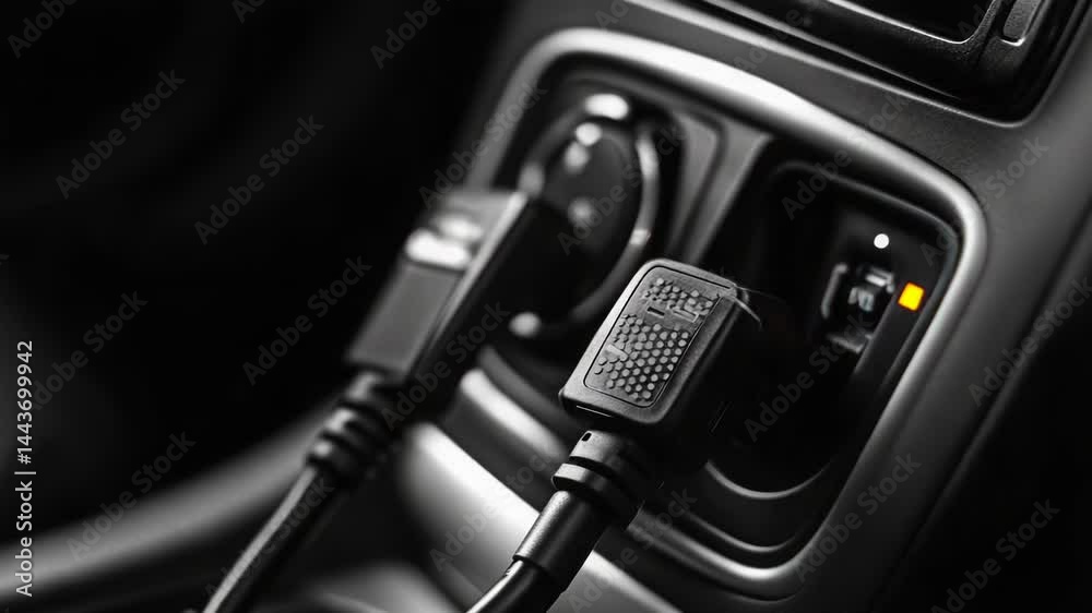 A car charger plugged into a car's dashboard, ready for use A car charger plugged into a car's dashboard, ready for use