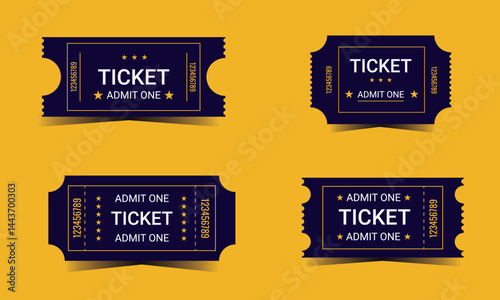 Set of vector admission tickets in various styles and colors. Ideal for event promotions, concert flyers, party invitations, movie theaters, raffles, and festival passes. Fully editable and resizable 