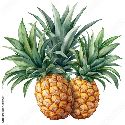 Pineapple With Crown Intact, vector watercolor illustration, isolated on a white background.
