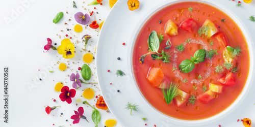Blossom Bowl: Tomato soup brightened by flower petals against a stark background