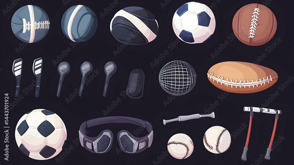 Fototapeta premium Assorted sports balls and equipment illustration, perfect for websites or presentations