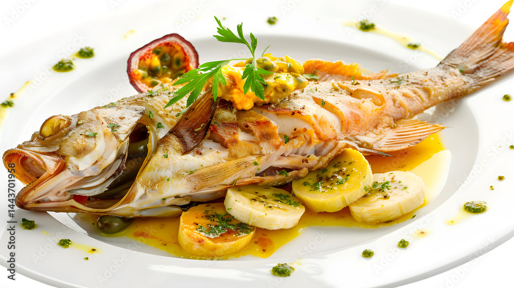 Authentic Madeira Cuisine: Scabbardfish with Bananas on Plate for Traditional Meal Authentic Madeira Cuisine: Scabbardfish with Bananas on Plate for Traditional Meal