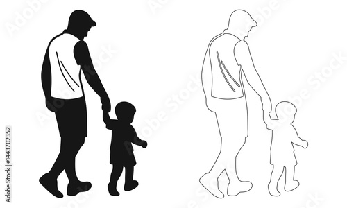 Silhouette of a mother walking with her son and daughter holding hands