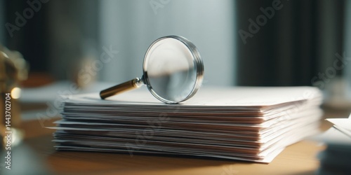 Close-up of a magnifying glass resting atop a thick stack of papers, symbolizing investigation, research, or scrutiny in a professional workspace.