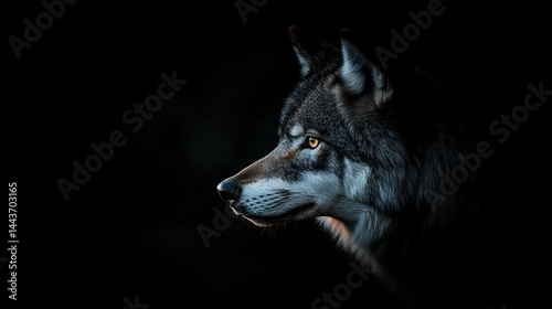   A close-up photo of a wolf in darkness, lit only by its face