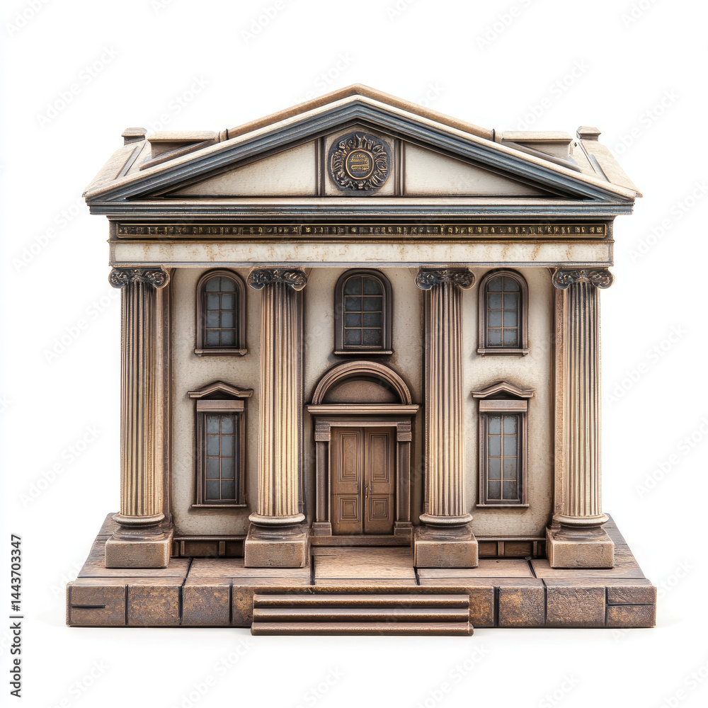 Fototapeta premium Ornate, classical-style building model. Detailed facade, columns, pediment, and steps. Beige and brown tones