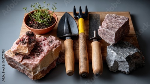Gardening tools and rocks on wooden board with potted plant and soil in the background photo