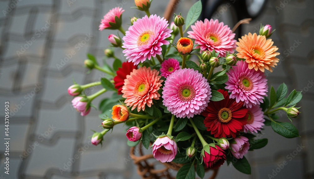 Colorful bouquet of flowers against a blurred background, Bicycle with flowers, Earth Day