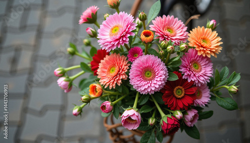 Obraz na płótnie Colorful bouquet of flowers against a blurred background, Bicycle with flowers, Earth Day w salonie