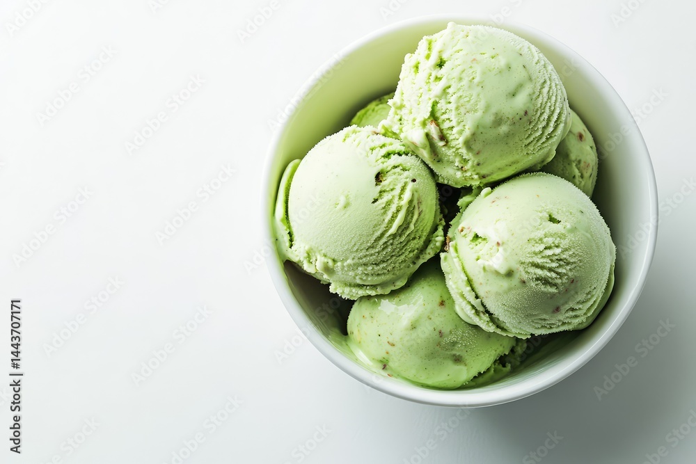 Pistachio ice cream in a bowl on a white background. AI generated illustration. Pistachio ice cream in a bowl on a white background. AI generated illustration.
