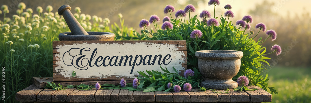 sign with the inscription elecampane, fresh herbs on the table, sunny day