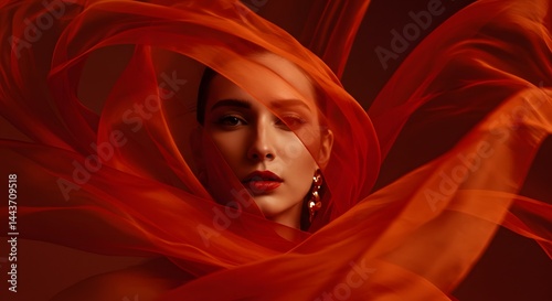 Beautiful Woman Surrounded by Flowing Red Fabric in Dramatic Portrait
