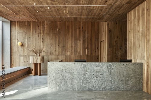 Serene reception area in a luxury medical spa, featuring a minimalist marble counter and wooden walls