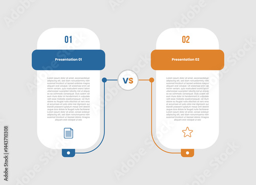 2 stage infographic diagram opposite comparison with round vertical box with rectangle badge header and line connected with two step for slide presentation