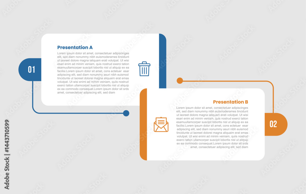 2 stage infographic diagram opposite comparison with round rectangle box side by side unsymmetric with two step for slide presentation