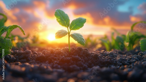 Young sprout emerging from soil at sunrise