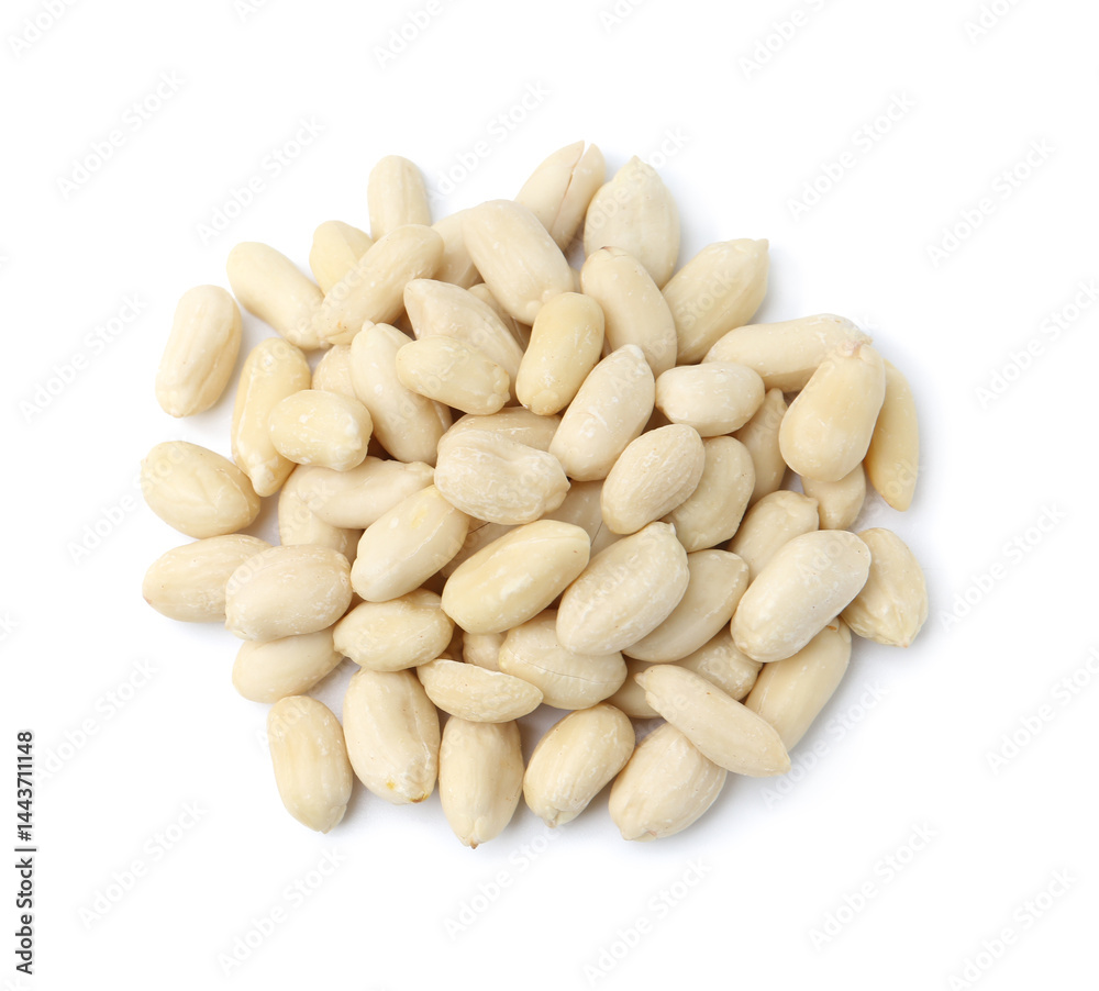 Pile of fresh peeled peanuts isolated on white, top view Pile of fresh peeled peanuts isolated on white, top view