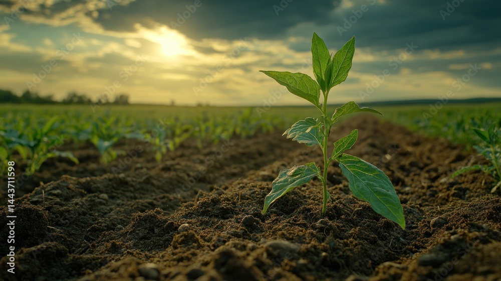 Young sprout in cultivated field at sunset