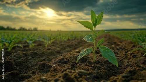 Obraz na płótnie Young sprout in cultivated field at sunset w salonie