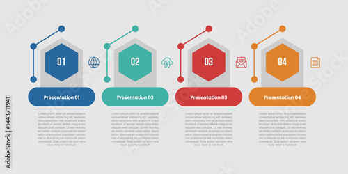 4 stage infographic diagram with hexagon shape on open table container with horizontal alignment with 4 step for slide presentation