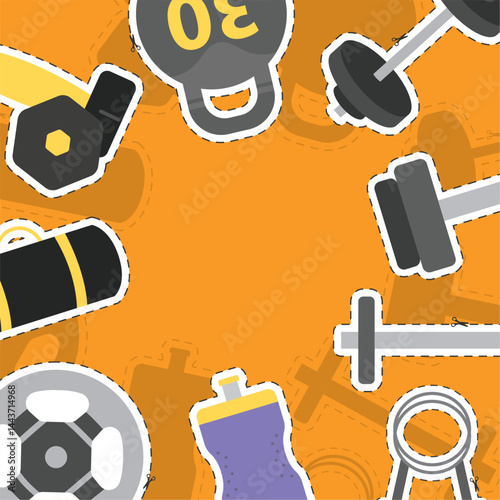 Orange frame with gym tools. Vector