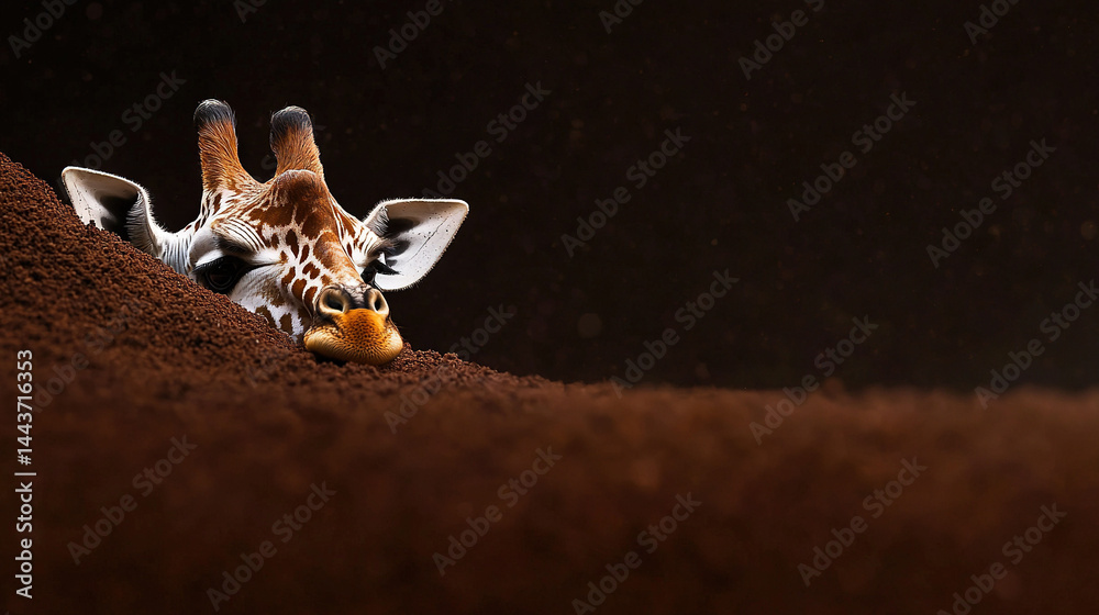 Obraz premium A giraffe resting atop a mound of dirt with its head nestled in a piece of food