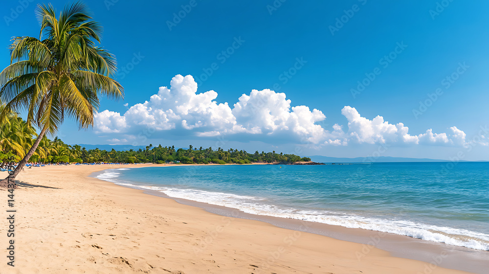Fototapeta premium Beautiful tropical beach with blue sky and white clouds abstract texture background. Copy space of summer vacation and holiday business travel concept.