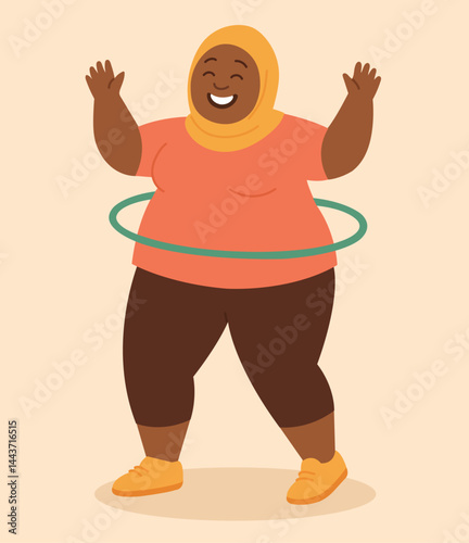 Hoop training. A woman in a hijab is having fun twirling a hoop while doing sports. A plump black woman spins a hoop while losing weight. Vector images of a cheerful woman doing sports.