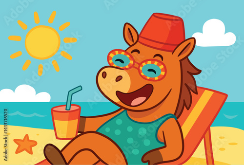 A horse is resting on the beach. A cartoon horse in glasses and a panama hat is lying on a chaise longue by the sea with a drink.Rest after work on horseback. Relaxing on the beach.The symbol of 2026