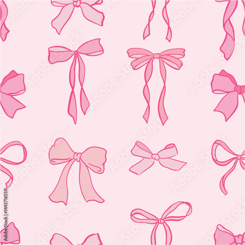 Seamless Hand Drawn Pink Bow Pattern on Pink Background