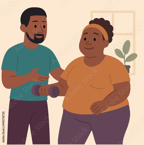  Personal training with a trainer.
A woman with dumbbells works out with a trainer at home. Vector-style illustration, emphasis on health and support. Playing sports with a trainer.