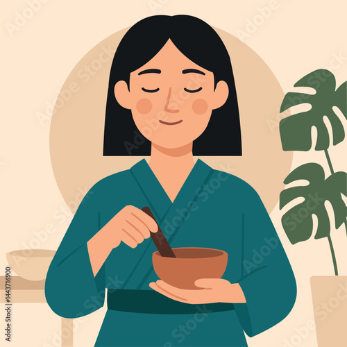  Meditation with a singing bowl.
A woman in a bathrobe uses a singing bowl for meditation and relaxation. Asian woman in a relaxation session. A cleansing session.