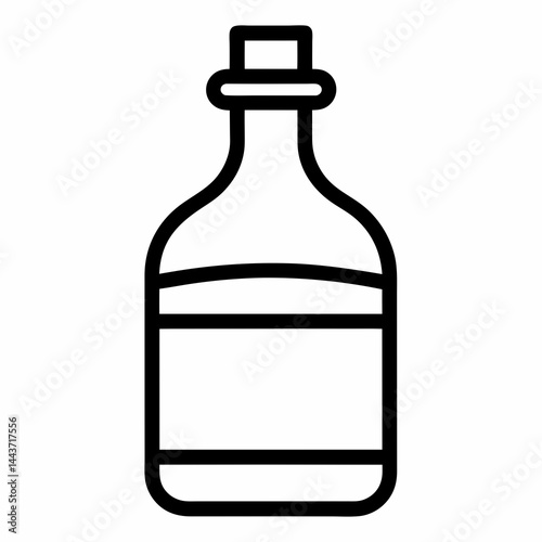 Black and white vector illustration of a bottle with a label, drawn in outline style. Minimalist design representing liquid container, packaging, or product icon.

