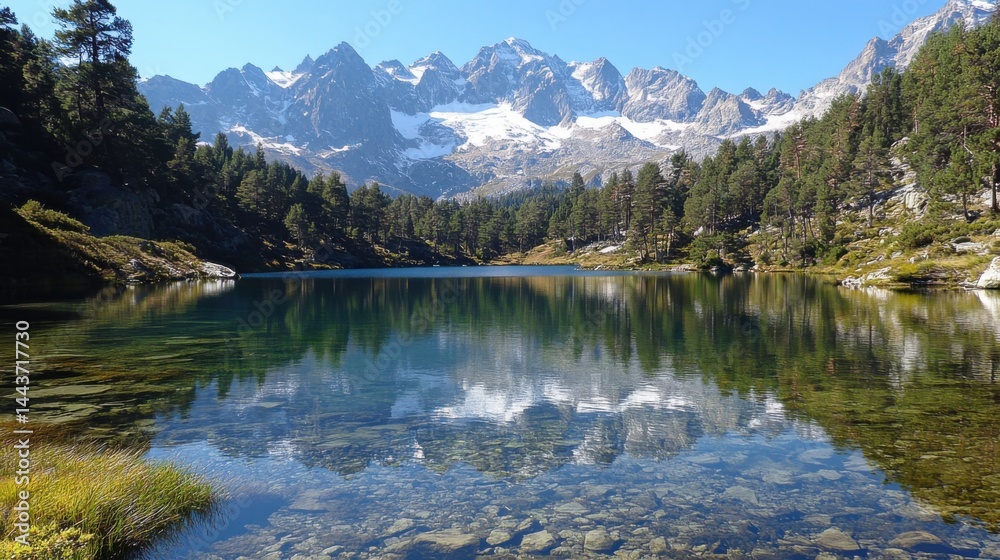 Fototapeta premium A serene mountain lake with crystal-clear water reflecting the snow-capped peaks, surrounded by dense pine forest