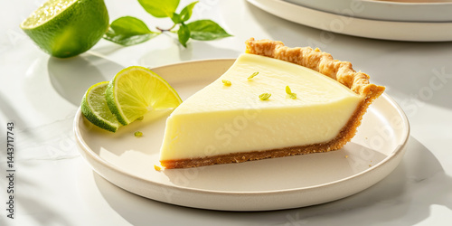 Obraz na płótnie Zesty Slice: Key lime wedge with buttery crust on a stark white plate for a clean look w salonie