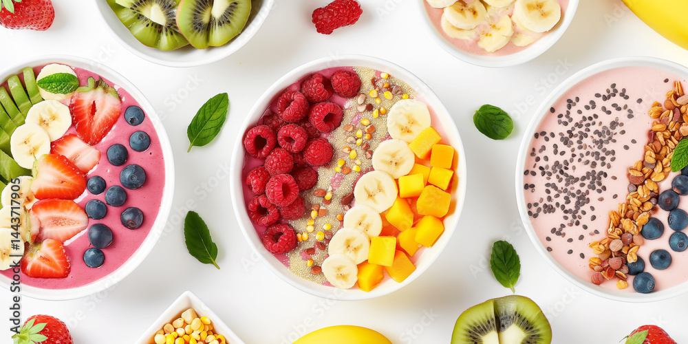 Color Wheel Bowl: Neatly arranged smoothie bowl décor set against a stark white plane