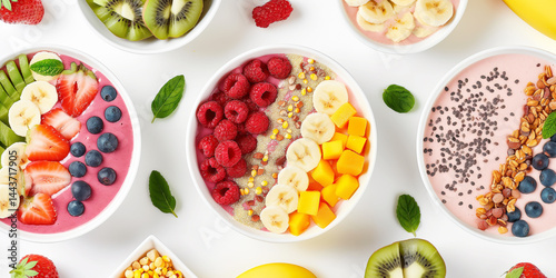 Obraz na płótnie Color Wheel Bowl: Neatly arranged smoothie bowl décor set against a stark white plane w salonie
