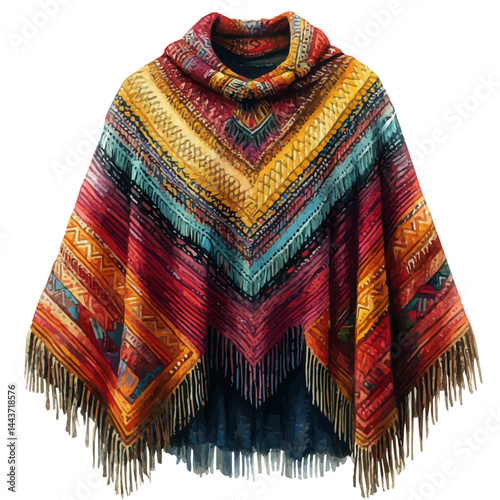 watercolor of Patterned Shawl With Fringed Edges, vector, isolated on a white background.