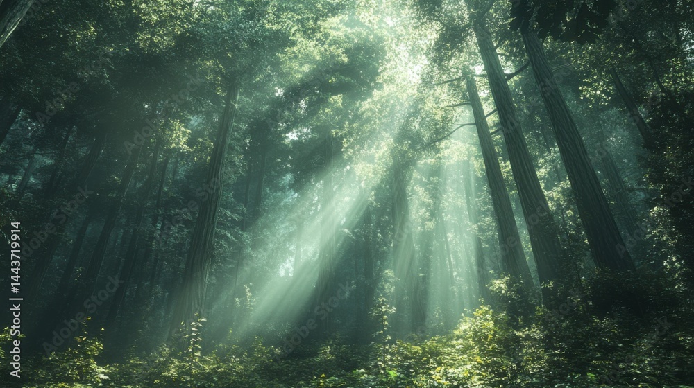 A dense forest with towering redwoods, sunlight streaming through the canopy A dense forest with towering redwoods, sunlight streaming through the canopy