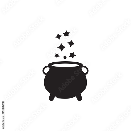 Magical Cauldron with Sparkling Effects.A simple, black silhouette of a cauldron with magical sparks or stars rising from its open top.