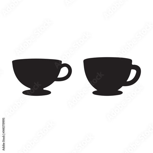 Two simple black teacup silhouettes against a white background.This image features two solid black silhouettes of teacups, set against a plain white backdrop.