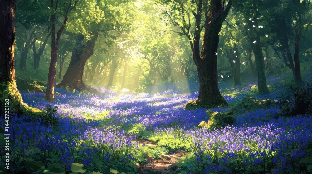 Obraz premium A dense forest with a carpet of bluebells in spring, sunlight filtering through the trees 