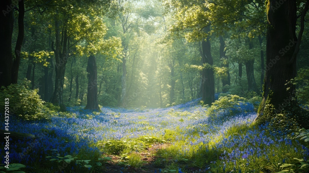 Fototapeta premium A dense forest with a carpet of bluebells in spring, sunlight filtering through the trees 