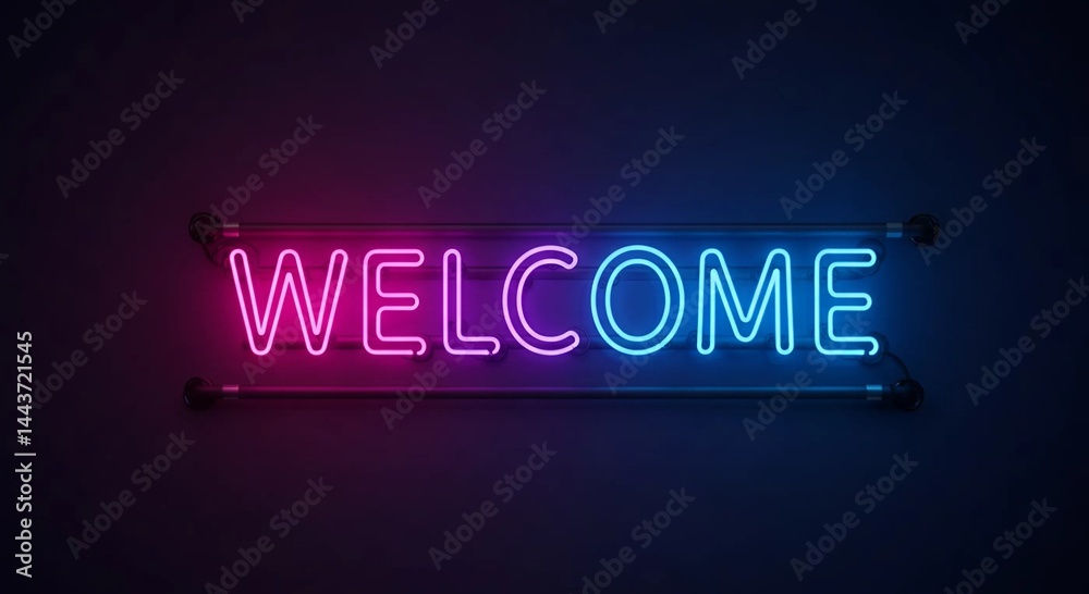 Obraz premium Neon 'Welcome' sign in pink and blue, isolated on transparent background
