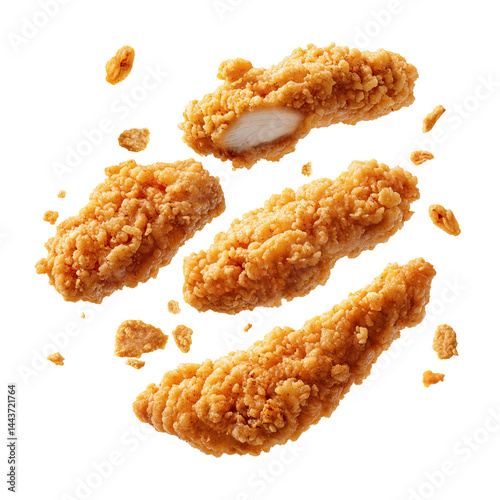 Fried chicken tenders flying isolated on white background. Crispy and delicious chicken strips with bread crumbs floating in air, isolated on white background. Fried chicken fingers