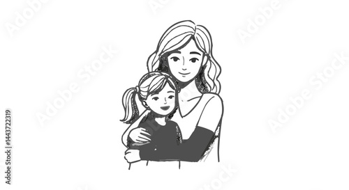 Mother and Daughter Smiling Vector Illustration in Black and White  