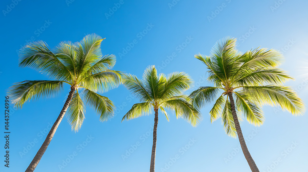 Tall royal palm trees line up against bright blue tropical sky Tall royal palm trees line up against bright blue tropical sky