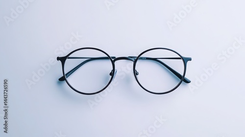 round glasses, black frame, temples fully open at 180 degrees, arms extended straight outward, laying flat, front view, facing camera, no lenses, clean plain white background.