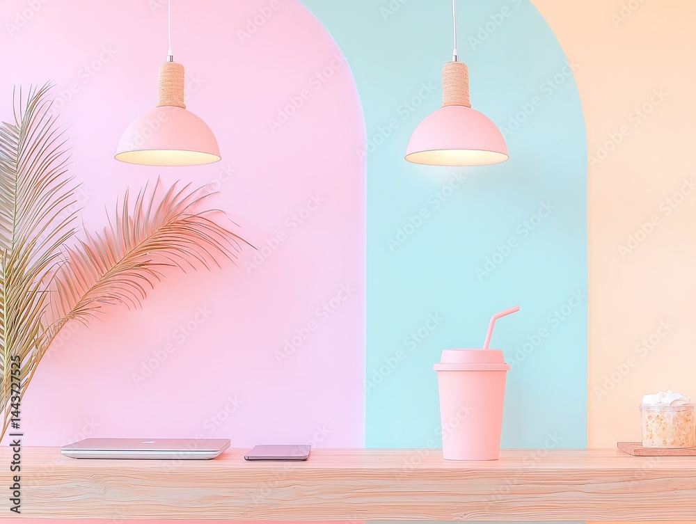 Pastel Workspace with Symmetrical Lamps and Wooden Desk Pastel Workspace with Symmetrical Lamps and Wooden Desk