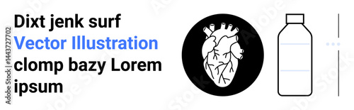 Anatomical heart drawing paired with water bottle and bold text design. Ideal for health, anatomy, education, hydration, fitness, medical awareness, simple landing page